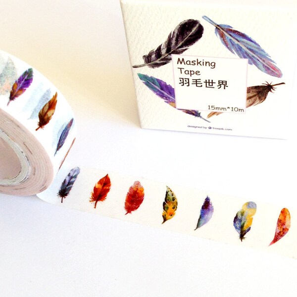 Feather Washi Tape 10m, journaling planner stickers, japanese masking tape, scrapbooking card making, craft supplies, watercolour stationery