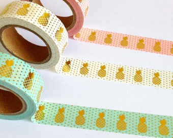 Pineapple Washi Tape, polka dot tape, gold foil decorative tape, craft masking tape, scrapbook planner supplies, pineapple stationery gift