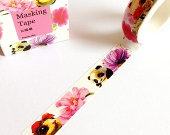 Panda Washi Tape, bande de masquage de cochon d'Inde, fournitures journal journal, cadeau de planificateur de scrapbooking, ruban floral rose washi, papeterie animale mignonne