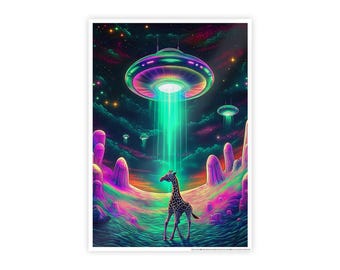 UFO Giraffe Hochglanzposter | Gewagte Sci-Fi Kunst für Einzigartige Räume |  Cosmic Giraffe Poster | UFO Poster |Trippy Poster