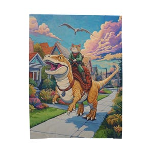 May include: A colorful illustration depicts a cat riding a dinosaur down a sidewalk in a neighborhood. The cat wears a green jacket and the dinosaur is tan. A pterodactyl flies in the sky above the houses and clouds.