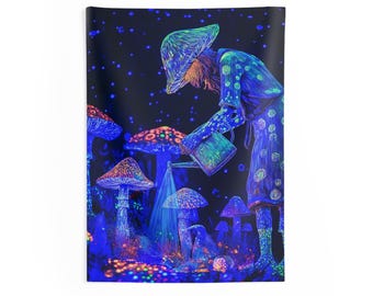 Mushroom Man Wall Tapestry | Blacklight Wall Tapestry | Black Light Neon Tapestry | Trippy Mushroom Art | Psychedelic Art