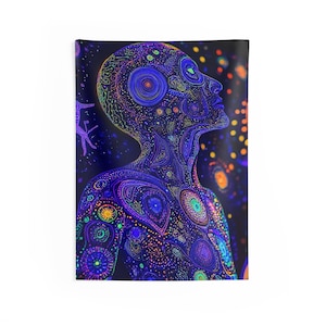 May include: A psychedelic tapestry featuring a human figure with a glowing, colorful, and intricate design. The figure is surrounded by a dark blue background with stars and other celestial elements.