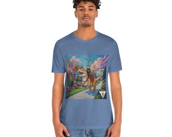 Captain Kitty and Rex Short Sleeve Tee | Cat Riding a Dinosaur in a Colorful Suburb | Cat and T-Rex Tee | Dino Shirt | Dinosaur Tee