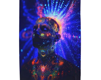 May include: A vibrant, abstract art print featuring a person's face and upper body, adorned with colorful, glowing patterns. The artwork is set against a dark blue background with radiating light bursts in shades of blue, pink, and orange.