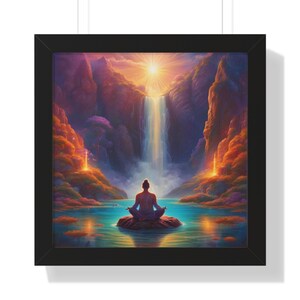 May include: A person sits in a meditative pose on a rock in a serene landscape. The person is silhouetted against a waterfall cascading down a mountainside. The scene is bathed in a warm, golden light.