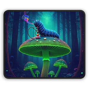 May include: A blue and purple caterpillar sits on a glowing green mushroom in a dark forest. The caterpillar is smoking a hookah with colorful smoke.