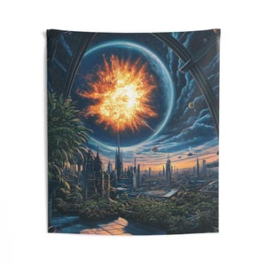 Puede incluir: Un horizonte urbano futurista con edificios altos y una gran explosión de fuego en el cielo. La explosión está rodeada por un planeta azul y blanco. La escena se ve desde una ventana con una planta verde en primer plano.