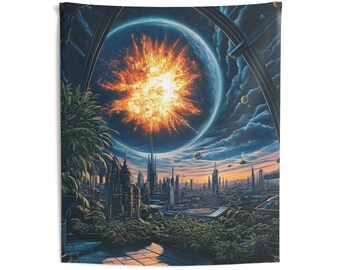 Strahlende Zukunft Indoor-Wandteppich | Sci-Fi Wandteppich | Sci-Fy Kunst | Wandbehang aus einer anderen Welt | Kosmischer Wandteppich | Futuristisch