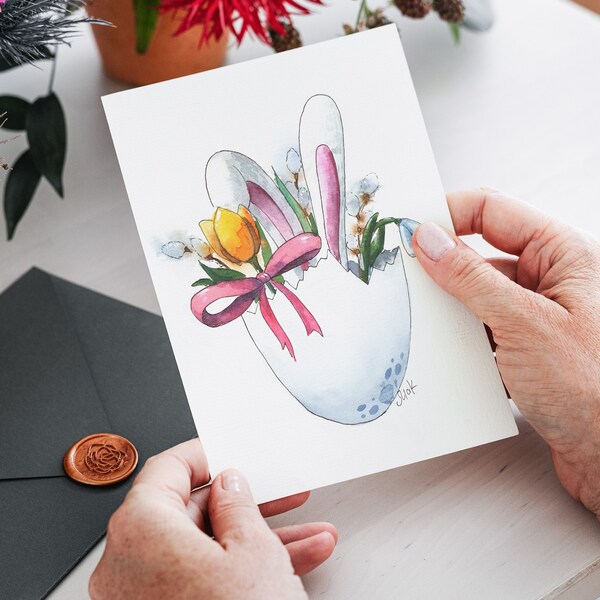 Easter Postcard Watercolor Bunny Original Painting Tulip Flowers Card 5x7'' by Nataly Mak