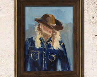 Cowgirl Oil Painting Framed Cowgirl in the Hat Original Wall Art Woman Portrait Western Decor