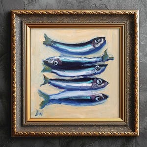 Sardines Oil Painting in Frame Fish Kitchen Original Wall Art Still Life Painting Home Gift For Man 8x8&#39;&#39; by NatalyMak