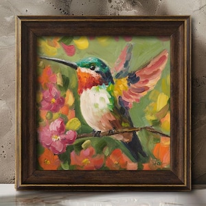 Hummingbird Oil Painting Bird Original Wall Art Flowers Artwork Hummingbird Small Wall Art Home Decor 8x8&#39;&#39; by Nataly Mak