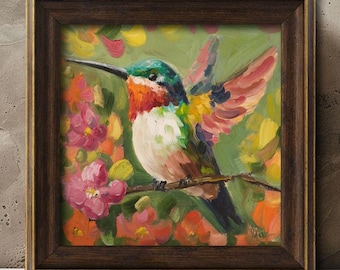 Hummingbird Oil Painting Framed Bird Original Wall Art Flowers Artwork Floral Decor