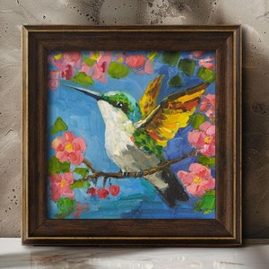 Hummingbird Oil Painting in Frame Bird Original Wall Art Flowers Artwork Hummingbird Small Wall Art Home Decor 8x8&#39;&#39; by Nataly Mak