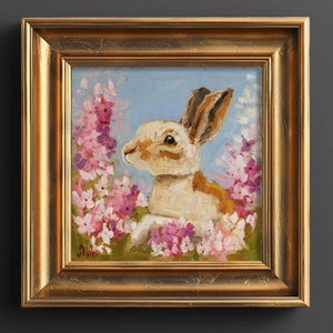 White Rabbit Oil Painting in Frame Easter Bunny with Flowers Original Wall Art Cute Bunny Artwork 8x8'' by NatalyMak