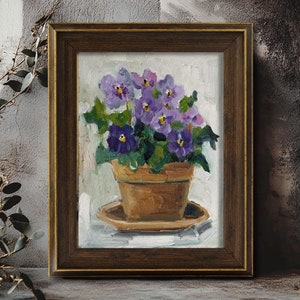 Violet Original Painting Pansy Flowers Pot Wall Art Floral Still Life Oil Artwork 8x6'' by NatalyMak
