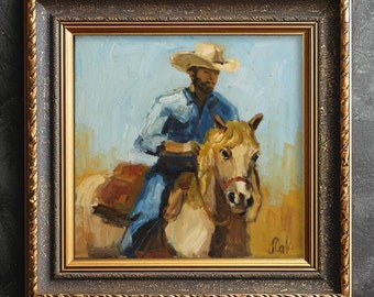Cowboy Painting Western Original Wall Art Texas Painting Horse Painting Desert Southwest Art  by NatalyMak