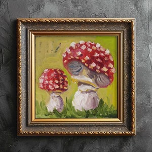Mushroom Oil Painting Fly Agaric Original Wall Art Amanita Artwork Small Wall Decor by NatalyMak