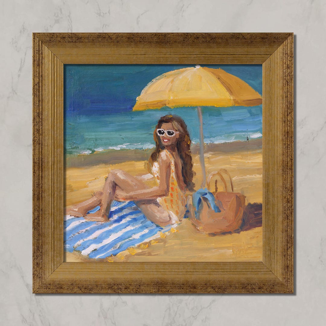 Beach Woman Oil Painting Framed Seascape Umbrella Summer Coastal Wall ...