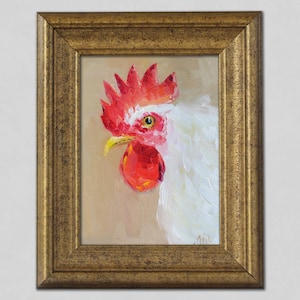 Rooster Oil Painting in Frame Bird Original Wall Art Chiken Artwork Cock Kitchen Art home Decor House Gift 8x6'' by Nataly Mak