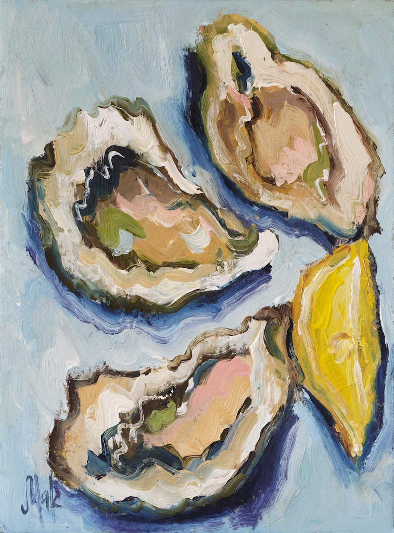 May include: An oil painting featuring three open oysters and a bright yellow lemon wedge. The oysters display textured brushstrokes in shades of beige, white, pink, and dark green against a light blue background. The artist's signature is in the corner.