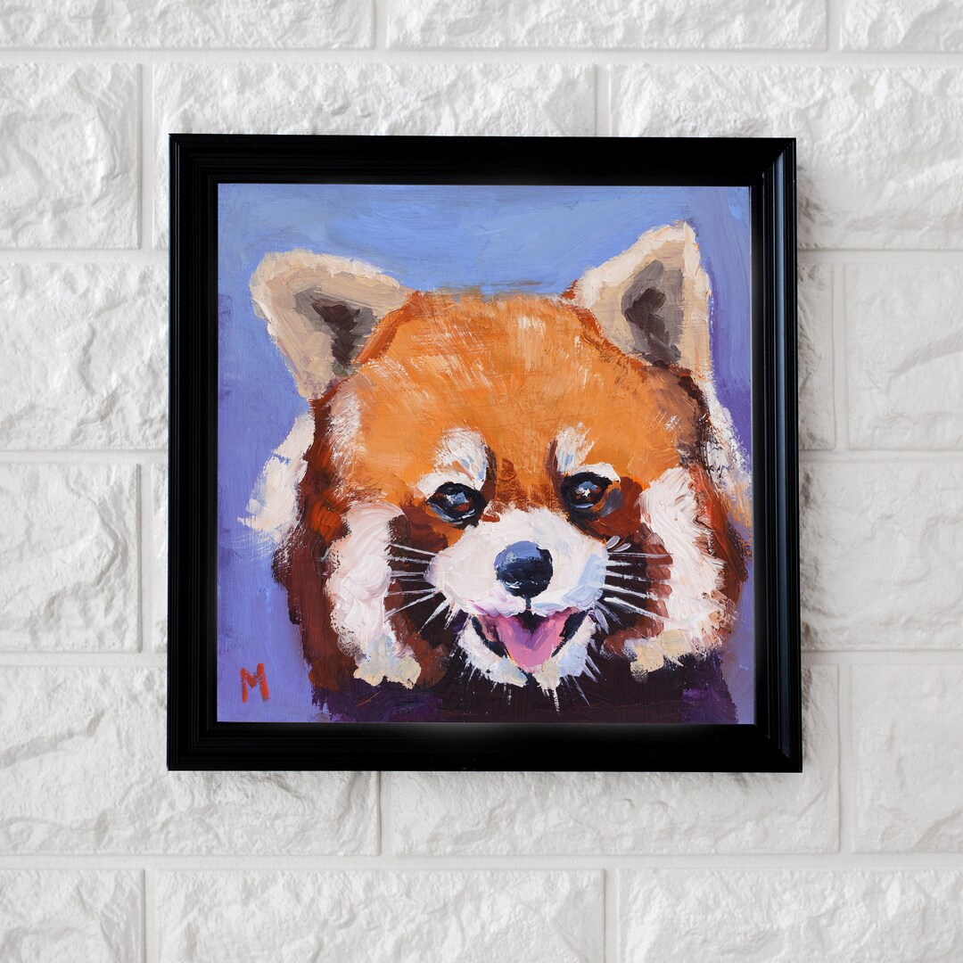 Red Panda Painting Cute Animal Original Wall Art in Frame Wildlife Home ...