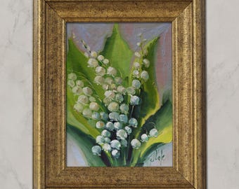 Lily of the Valley Oil Painting Original Impasto Flower Small Wall Art Framed Gift