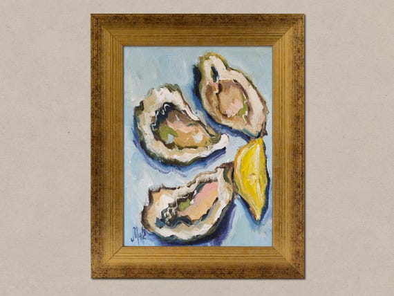 Oyster Oil Original Painting Framed Seashell Wall Art, Pearl Seafood Still Life Artwork