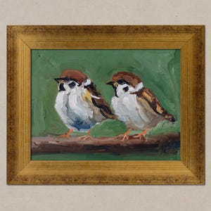 Sparrow Oil Painting Two Bird Original Wall Art in Frame Small Pair of Birds on a Branch Artwork 8x6'' by NatalyMak