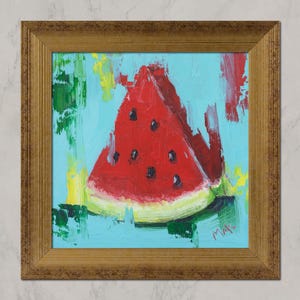 Watermelon Oil Painting in Frame Fruit Painting Dining Room Wall Art Kitchen Impasto Original Painting 6x6&#39;&#39; by NatalyMak