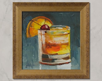 Bourbon Old Fashioned Cocktail Oil Painting Framed Whiskey Drink Original Wall Art  Bar Decor