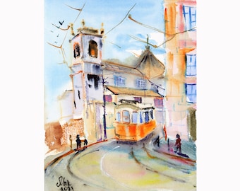 Lisbon Tram Painting Portugal Original Watercolor Lisbon Cityscape Art 10x8&#39;&#39; by NatalyMak