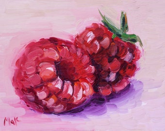 Raspberry Oil Painting Framed Small Fruit Original Wall Art Kitchen Impasto Artwork