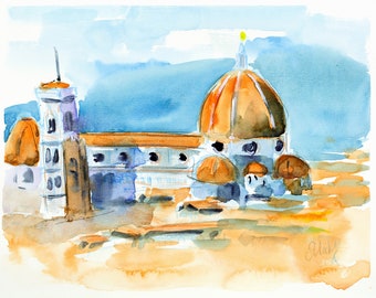 Florence Painting Duomo Italy Original Watercolor Italian Citycape Wall Art 10x8&#39;&#39; by NatalyMak