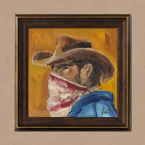 Cowboy Painting in Frame Western Original Wall Art Texas Painting in Frame Horse Painting Desert Southwest Art 8x8&#39;&#39; by NatalyMak