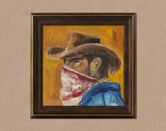 Cowboy Painting in Frame Western Original Wall Art Texas Painting in Frame Horse Painting Desert Southwest Art 8x8&#39;&#39; by NatalyMak
