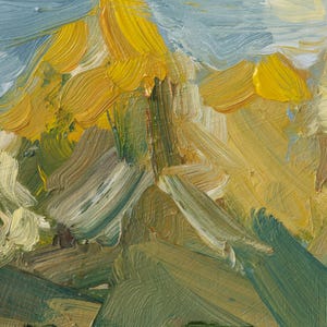 May include: An oil painting on canvas featuring thick, visible brushstrokes in shades of golden yellow, olive green, sage, and light blue. The application of paint creates a textured, layered surface with distinct impasto marks throughout the composition.