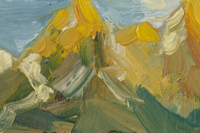 May include: An oil painting on canvas featuring thick, visible brushstrokes in shades of golden yellow, olive green, sage, and light blue. The application of paint creates a textured, layered surface with distinct impasto marks throughout the composition.