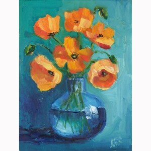 California Poppy Oil Painting Flowers Bouquet Original Artwork Yellow Poppy Impasto Wall Art 8x6'' by Nataly Mak