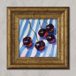 Cherry Oil Painting: Framed Fruit Still Life, Berry Art (6x6'')