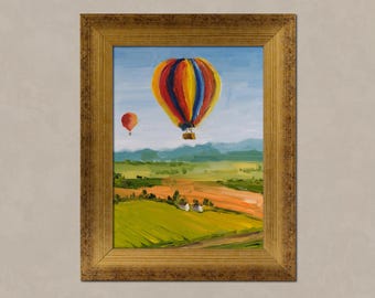 Napa Valley Oil  Painting Framed Vineyard Original Wall Art Hot Air Balloon Artwork