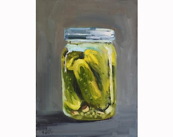 Pickles Jars Original Oil Painting Framed Cucumbers Still Life Wall Art Food  Home Decor