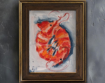 Shrimp Oil Painting Original | Coastal Seafood Framed Wall Art | Prawn Painting | Kitchen Decor Gift