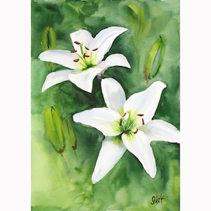 Lily Painting Floral Small Original Wall Art Impasto Painting White Flower Watercolor Artwork by NatalyMak