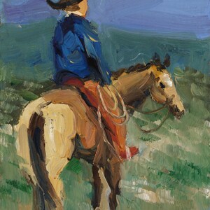 May include: An oil painting depicting a rider in a dark blue jacket and a black cowboy hat sitting on a light brown horse. The rider wears red trousers and holds a coiled rope. The scene is set against a backdrop of green fields and a blue sky.