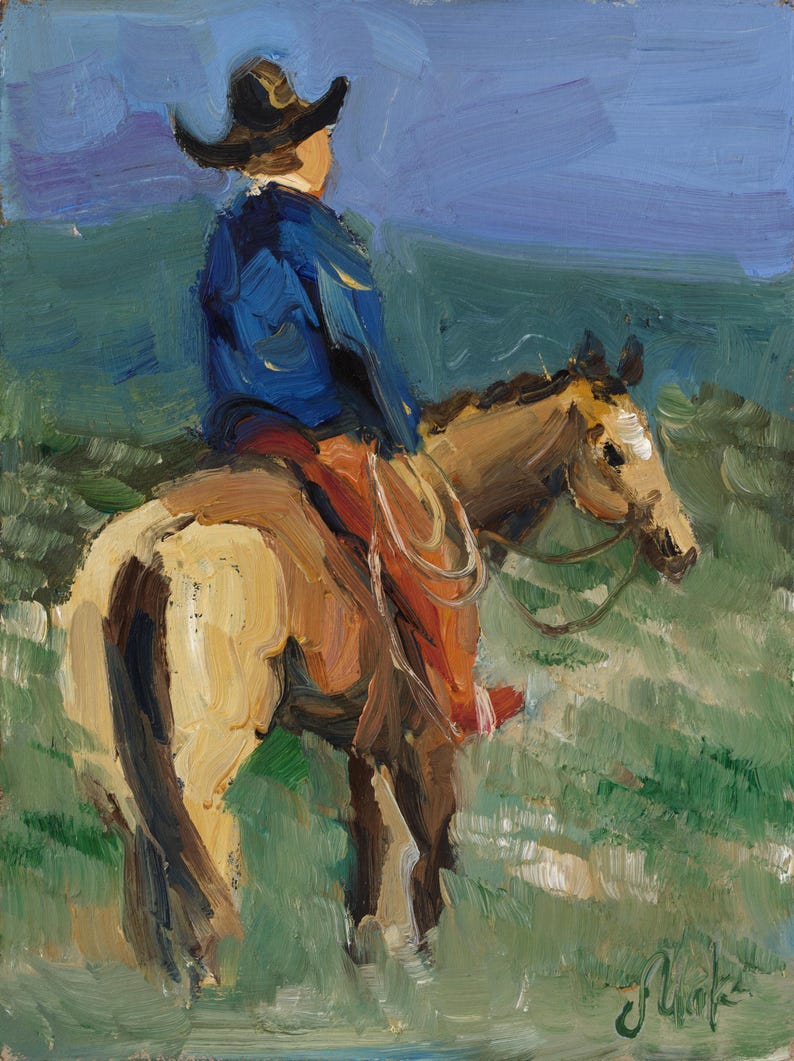 May include: An oil painting depicting a rider in a dark blue jacket and a black cowboy hat sitting on a light brown horse. The rider wears red trousers and holds a coiled rope. The scene is set against a backdrop of green fields and a blue sky.