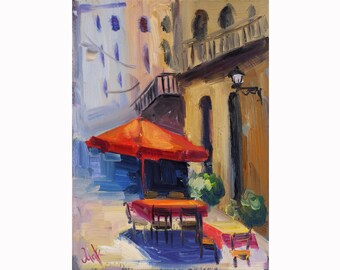 Italian Street Painting Italy Oil Original Wall Art Cityscape Caffe Artwork Home Decor Gift 7x10&quot; by Nataly Mak