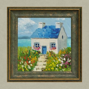 Ireland House Painting Irish Cottage Original Wall Art in Frame Landscape Impasto Oil Painting Small Impressionist Artwork 8x8&#39;&#39;