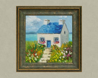 Ireland House Painting Irish Cottage Original Wall Art in Frame Landscape Impasto Oil Painting Small Impressionist Artwork 8x8&#39;&#39;